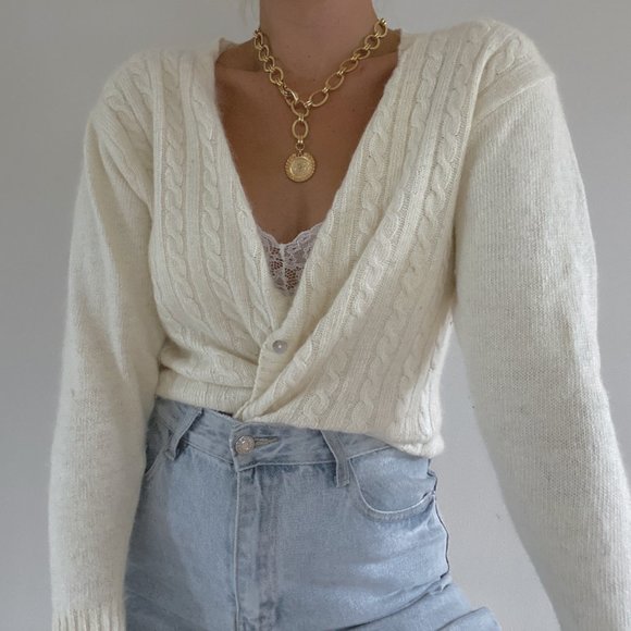 Vintage White Angora Cable Knit Cardigan Sweater - Picture 7 of 9